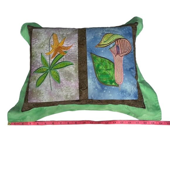 Vintage Floral Appliqué Embroidered Throw Pillow Quilted Batik Fabric Lily 20” - Picture 8 of 14